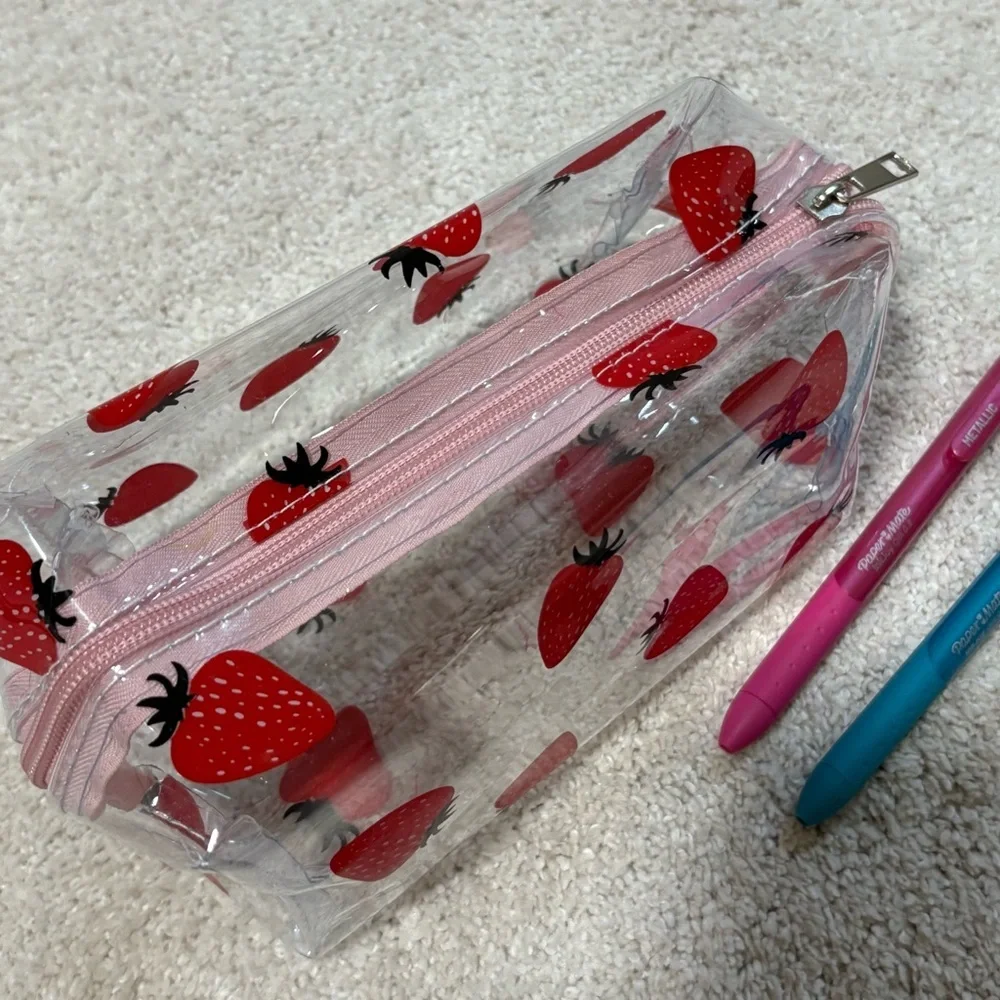 Strawberry Clear Pencil Case with Pens
